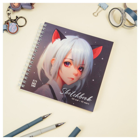 Скетчбук 60л. 150 x 150 мм MESHU "Neko" 120 г/м2, на гребне, выб. лак, soft-touch RE-MS_53036