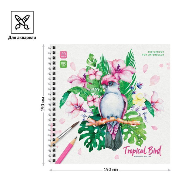 Скетчбук для акварели 20л. 190 x 190 мм ArtSpace "Tropical Bird" 180 г/м2, на гребне RE-Сак20грг_38350