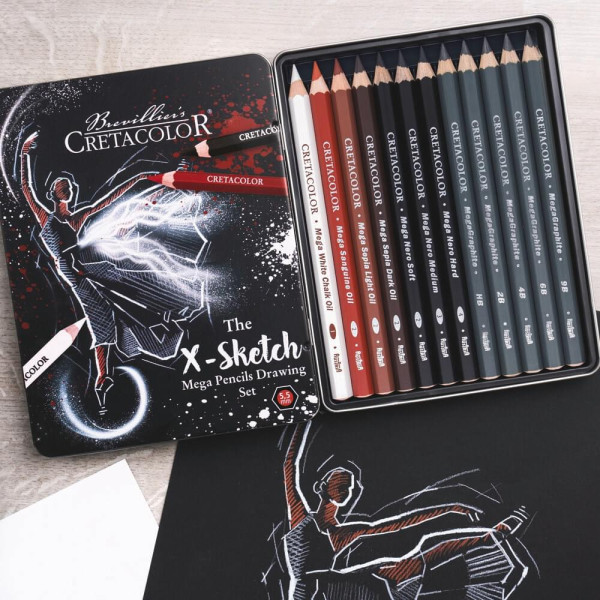 Набор карандашей CRETACOLOR The X-Sketch Mega 12 шт, увеличенные, мет.пенал CR40084