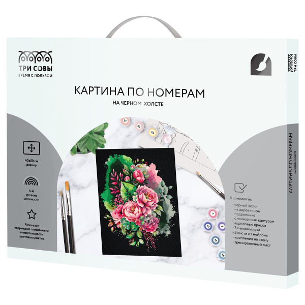 Картина по номерам на черном холсте ТРИ СОВЫ "Розовый букет" 40 x 50 см, краски и кисть RE-КХп_48161