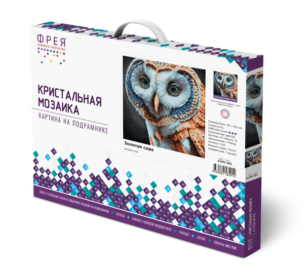 Кристальная (алмазная) мозаика ФРЕЯ на подрамнике "Золотая сова" 30 х 30 см ALPD-252