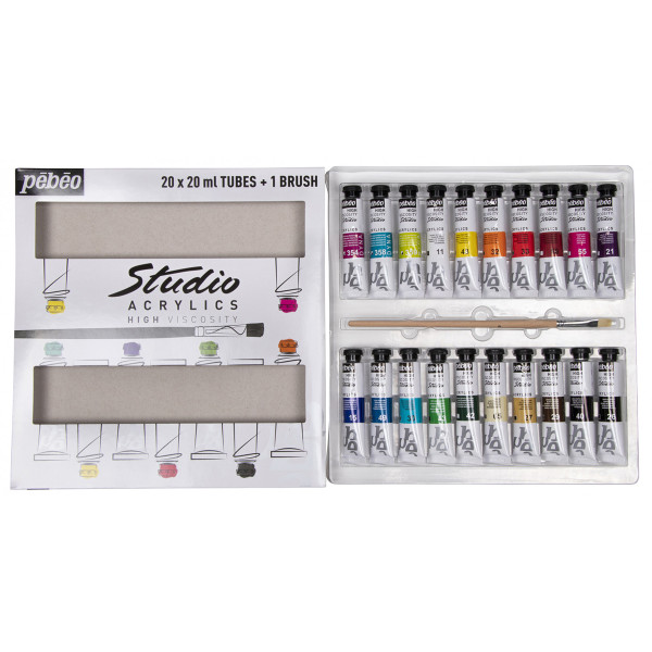 Набор акриловых красок PEBEO Studio Acrylics 20 цв х 20 мл с кистью 833421